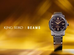 La montre King Seiko x Beams SDKA025, représentée sur un fond jaune-orange stylisé. (Source de l'image : PR Times JP)