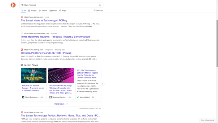 Recherche "PC news reviews". Notez que de nombreux liens proviennent du même site web (PCMag)