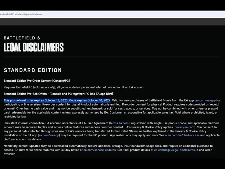 Page des mentions légales de l'édition standard de Battlefield 6 indiquant la date de fin de la promotion des précommandes. (Source de l'image : Eurogamer)