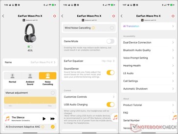 Options de l'application EarFun Audio.
