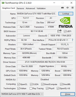 GPU-Z Nvidia GeForce GTX 1650 Ti Max-Q