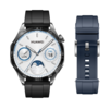 La Huawei Watch GT 4 Spring Edition Bracelet en Fluoroélastomère noir 46mm + Bracelet en Fluoroélastomère bleu profond 2-en-1. (Source de l'image : Huawei)
