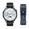 La Huawei Watch GT 4 Spring Edition Bracelet en Fluoroélastomère noir 46mm + Bracelet en Fluoroélastomère bleu profond 2-en-1. (Source de l'image : Huawei)