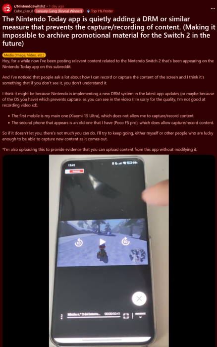 Restrictions DRM de l'application Nintendo Today ! (Image source : screenshot, Nintendo Switch 2 subreddit)