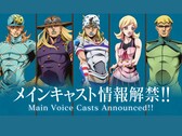 Illustration officielle révélant la distribution vocale principale de l'adaptation animée de Steel Ball Run par Netflix, avec Diego Brando, Gyro Zeppeli, Johnny Joestar, Lucy Steel et Steven Steel. (Source de l'image : Warner Bros. Japan / Netflix Anime)