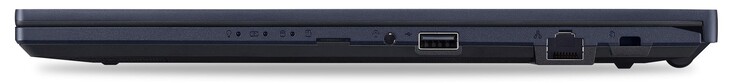 Côté droit : lecteur de carte microSD, prise jack 3,5 mm, 1x USB 2.0, GigabitLAN, verrou Kensington