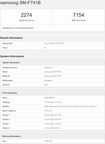 Samsung Galaxy Z Flip6 Geekbench listing avec 12 Go de RAM (image via Geekbench)