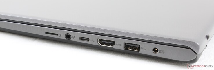 Côté droit : lecteur de carte micro SD, prise jack, USB C 3.1 Gen. 1, HDMI, USB A 3.1 Gen. 1, entrée secteur.