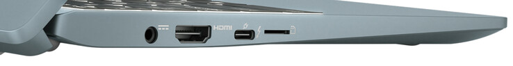 Côté gauche : alimentation, HDMI, Thunderbolt 4 (Type C ; Power Delivery, DisplayPort), lecteur de carte de stockage (microSD)