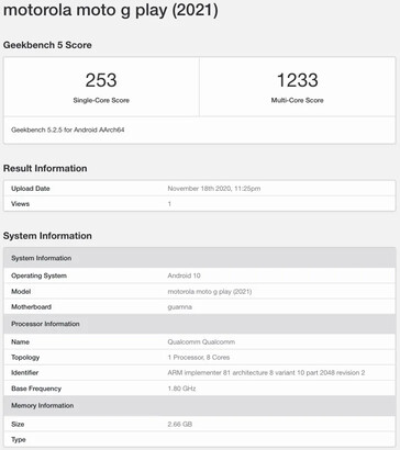Le Moto G Play (2021) sur Geekbench est équipé d'un processeur Qualcomm... (Source : Geekbench)