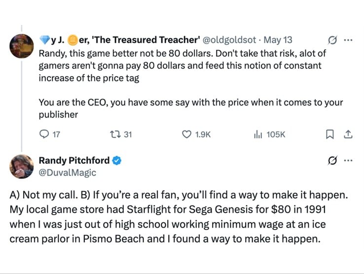 Réponse de Randy Pitchford au commentaire d'un fan sur le prix de Borderlands 4 (Source : Randy Pitchford sur X)