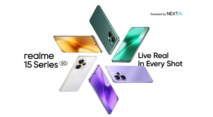 Le Realme 15 Pro est disponible dans les coloris argenté, vert velours et violet soie (Image source : Realme)