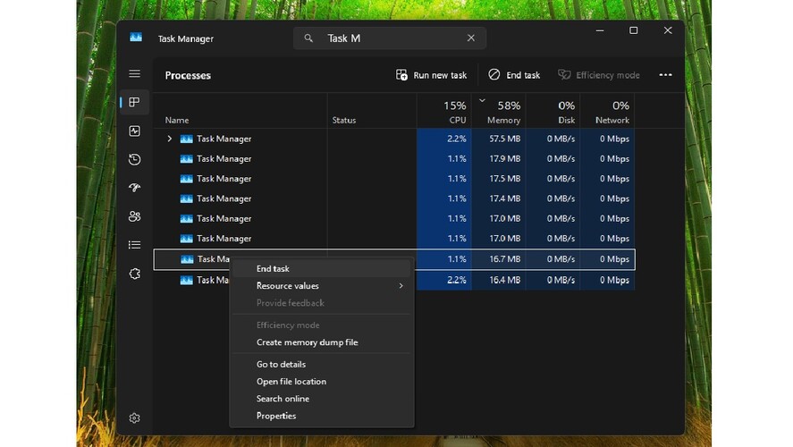 Capture d'écran du gestionnaire des tâches de Windows 11 avec plusieurs instances en cours d'exécution en arrière-plan. (Source de l'image : capture d'écran)