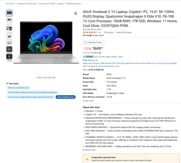Liste Amazon de l'Asus Vivovook S 15 avec le même avertissement (source d'image : Amazon)