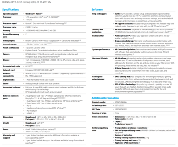 HP Omen 16 - Intel - Spécifications. (Source : HP)