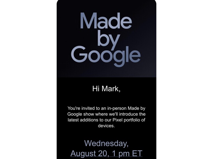 Invitation à l'événement Made by Google envoyée à Mark Gurman. (Source de l'image : Mark Gurman sur X)