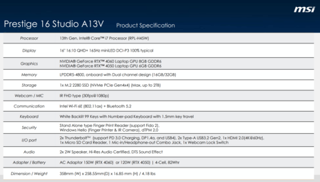 MSI Prestige 16 Studio A13V - Spécifications. (Image Source : MSI)