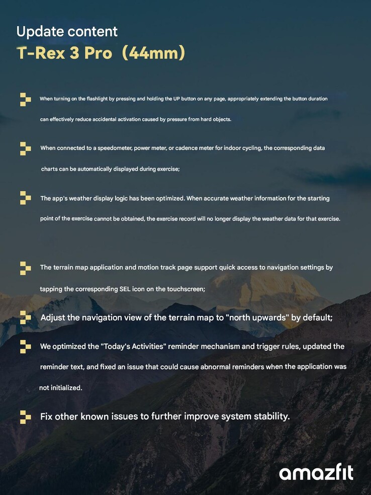 Le journal des modifications de la version 4.4.2.3 du firmware de la smartwatch Amazfit T-Rex 3 Pro 44 mm