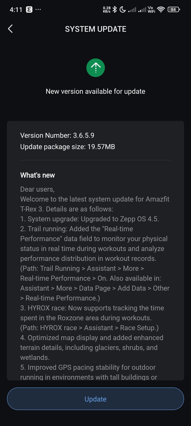 Les notes de mise à jour de la version 3.6.5.9 pour la smartwatch Amazfit T-Rex 3. (Source de l'image : Facebook)
