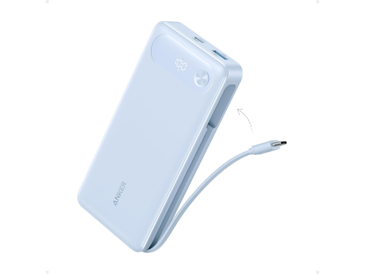 La banque d'alimentation Anker (20K, 87W, câble USB-C intégré) en bleu brumeux