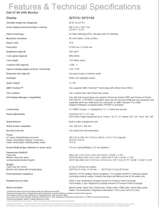 Dell S2721Q and S2721QS - Specifications. (Source: Dell)