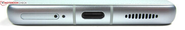 Bas : Emplacement SIM, microphone, USB-C 2.0, haut-parleur