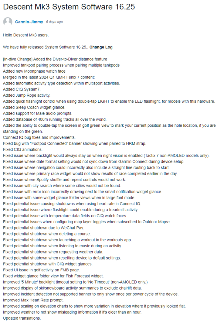 Le journal des modifications pour le logiciel Descent Mk3 System Software 16.25. (Image source : Garmin)