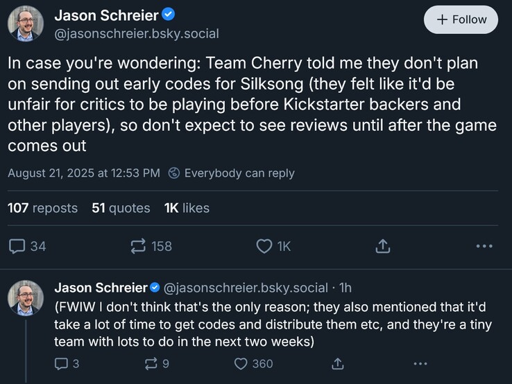 Jason Schreier Hollow Knight : Mise à jour des critiques de Silksong (Source de l'image : capture d'écran, compte Bluesky de Jason Schreier)