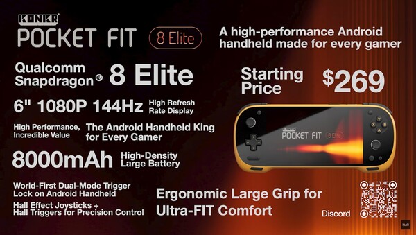 Fiche technique de l'Ayaneo Konkr Pocket Fit Elite. (Source de l'image : Ayaneo)
