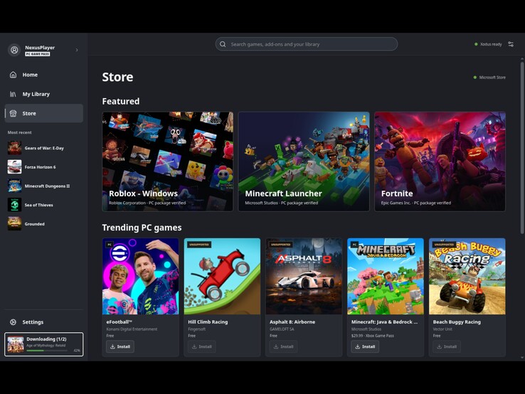 La page de la boutique est conçue pour permettre aux utilisateurs du Steam Deck de télécharger des jeux depuis le Microsoft Store et le PC Game Pass. (Sur l’image : une capture d’écran du lanceur Xodus Nexus.)