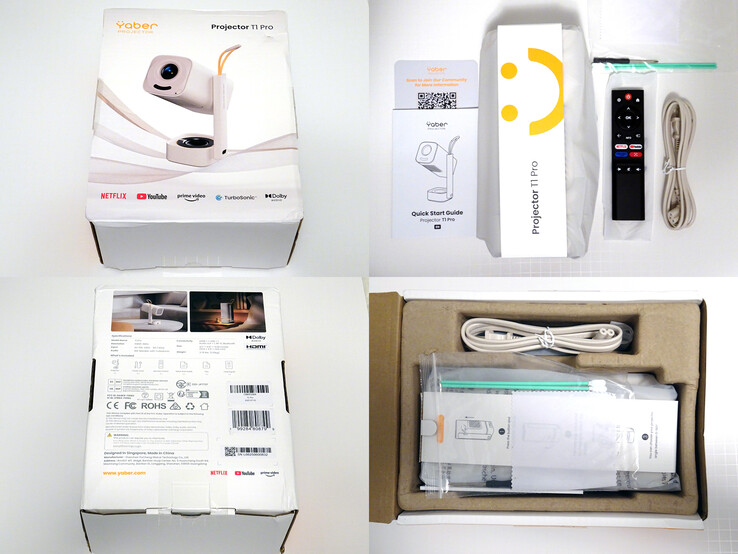 Le Yaber T1 Pro est livré avec un manuel de démarrage rapide, un cordon d'alimentation secteur, un kit de nettoyage des conduits d'aération et une télécommande. (Source de l'image : Notebookcheck)