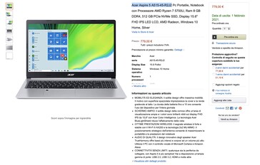 Acer Aspire 5 A515 avec Ryzen 7 5700U listé sur Amazon Italie. (Source : Amazon.it)