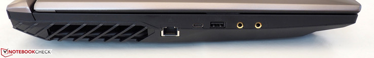 Côté gauche : RJ45-LAN, Thunderbolt 3, USB A 3.0, microphone, écouteurs.