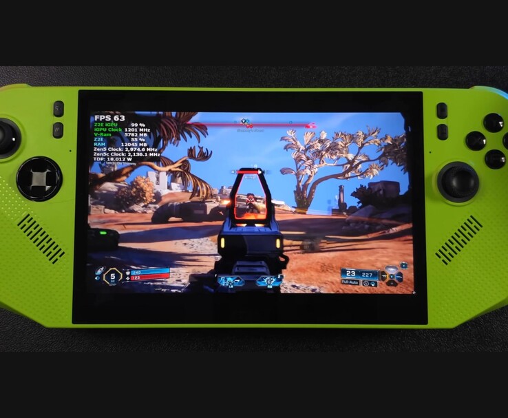 Borderlands 4 tournant sur l'ordinateur de poche MSI Claw 8 AI avec AMD Ryzen Z2 Extreme, montrant le compteur de FPS à l'écran et l'affichage des performances pendant le jeu (ETA PRIME via YouTube)