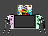 Nintendo Switch en main avec la carte de jeu virtuelle Super Mario 3D World affichée.