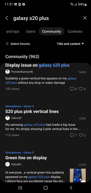 Des utilisateurs se plaignent des problèmes d'affichage du Galaxy S20 Plus sur les membres de Samsung (image via propre)