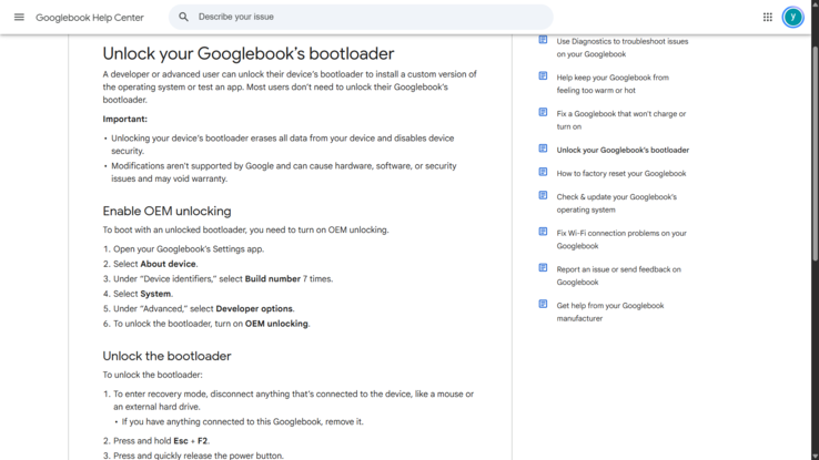 Google documente le déverrouillage du chargeur de démarrage sur GoogleBook