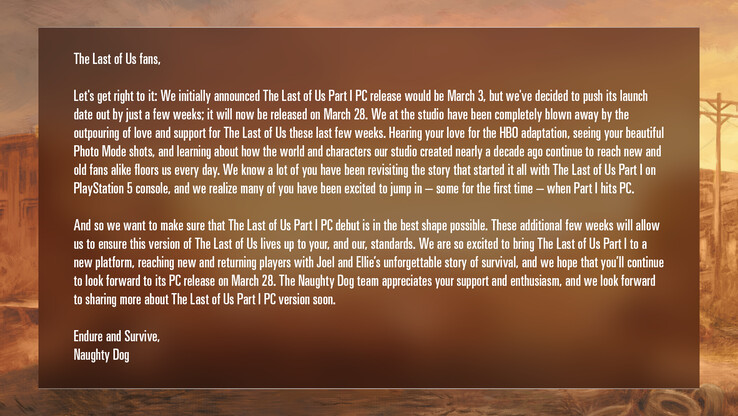 Déclaration de Naughty Dog sur le portage PC de The Last of Us Part 1 (image via Naughty Dog)