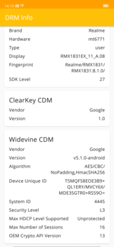 Pas de prise en charge du Widevine CDM L1 pour le Realme U1.