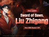 Illustration promotionnelle officielle de la bannière du personnage de Sword of Dawn présentant le chasseur SSR Liu Zhigang.
