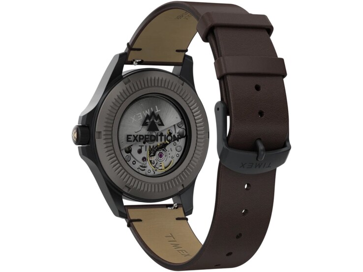 Vue arrière de la Timex Expedition Field Post Titanium, montrant son fond transparent, son mouvement automatique et son bracelet en cuir marron.