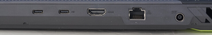 Connexions à l'arrière : USB-C (10 Gbit/s, DP, G-Sync), USB-C (10 Gbit/s, DP, PD), HDMI 2.1 FRL, port LAN (1 Gbit/s), port d'alimentation