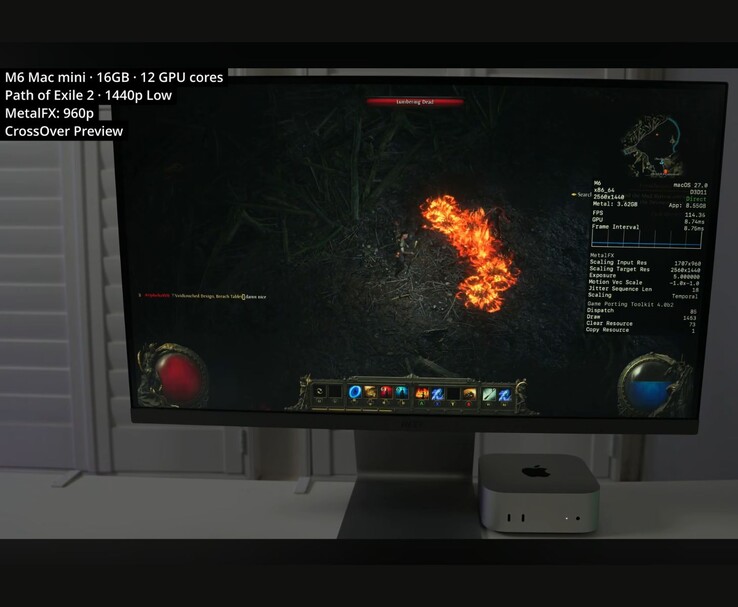 Path of Exile 2 fonctionne sur un Mac mini M6 de 16 Go via CrossOver en 1440p avec des paramètres de qualité « faible ».