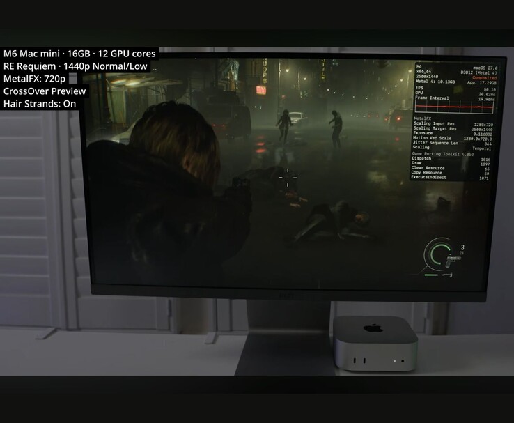 Resident Evil Requiem tourne à environ 50 images par seconde sur un Mac mini M6 de 16 Go via CrossOver.