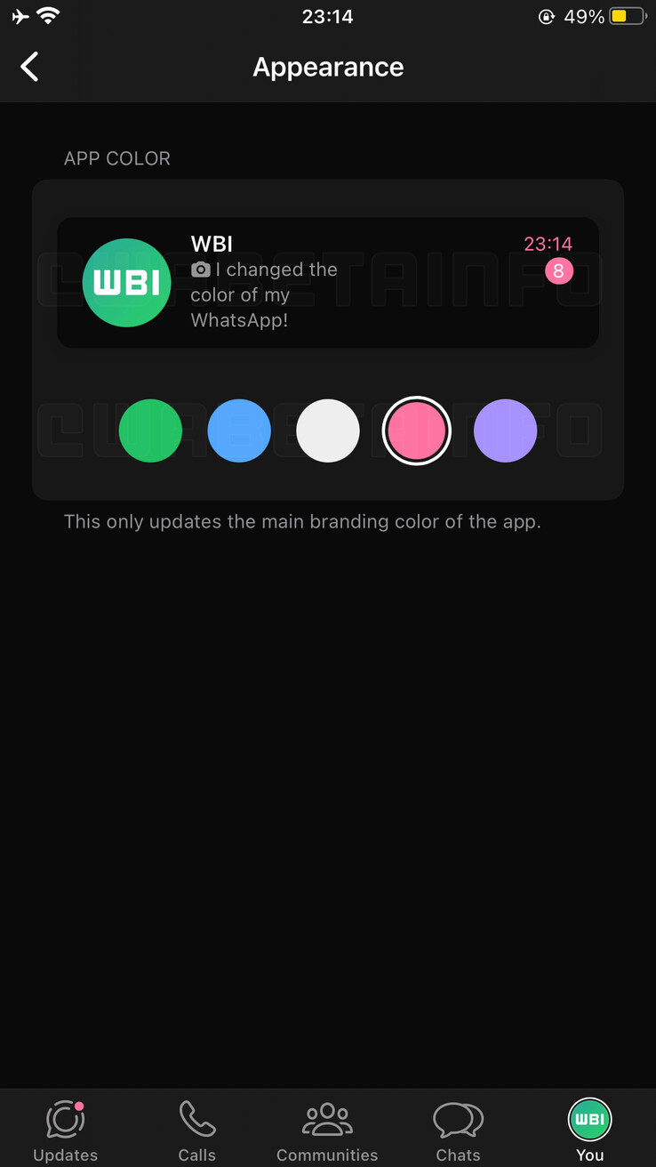 Personnalisation de la couleur du thème de l'application repérée sur la version bêta de WhatsApp (Image source : WABetaInfo)