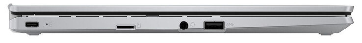 Côté gauche : USB 3.2 Gen 1 (USB-C ; Power Delivery, DisplayPort), lecteur de carte mémoire (microSD), combo audio, USB 3.2 Gen 1 (USB-A)