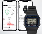 La montre numérique Casio F-B100W est présentée devant deux écrans de smartphone affichant son application connectée « Life Log » avec les données de suivi des pas et de l'activité physique.