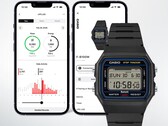 La montre numérique Casio F-B100W est présentée devant deux écrans de smartphone affichant son application connectée « Life Log » avec les données de suivi des pas et de l'activité physique.