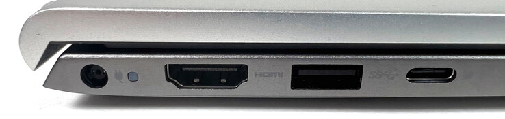 A gauche : 1x connecteur d'alimentation, 1x HDMI 1.4, 1x USB 3.1 Type-A (Gen 1), 1x USB 3.1 Type-C (Gen 1)