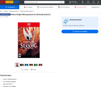 Hollow Knight Silksong Switch 2 RTV Euro AGD listing (Image source : screenshot, RTV Euro AGD)